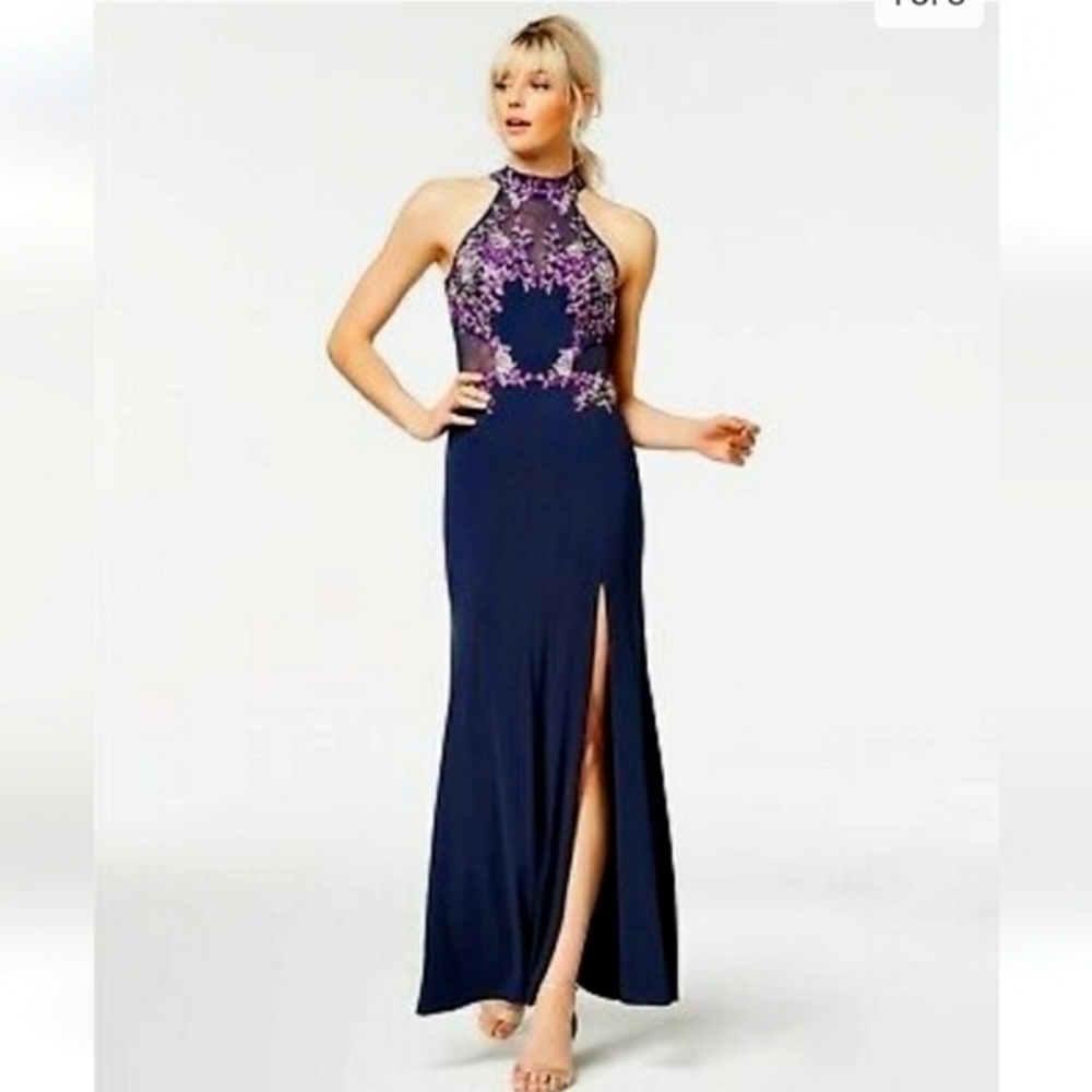 Crystal Doll Jr. Navy Blue Embellished Purple Racerback Cocktail Dress 5 Jr